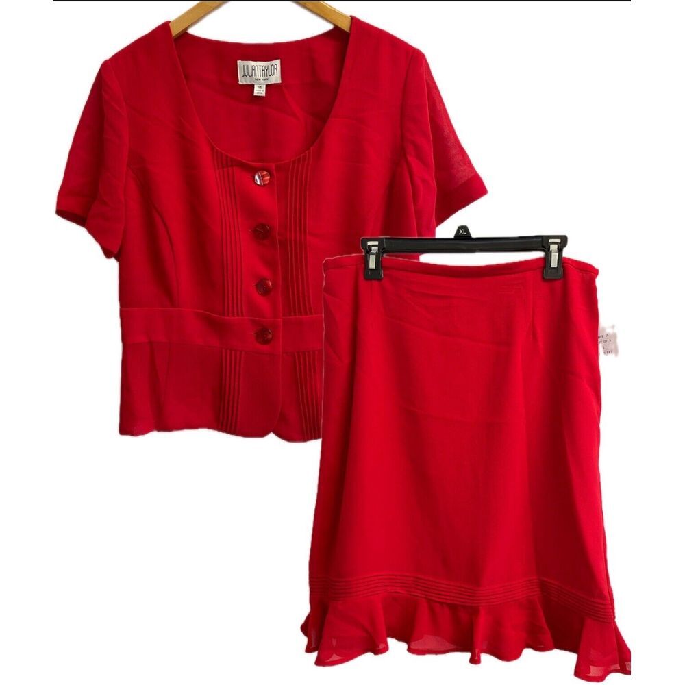 NEW Julian Taylor Women's 14 2-piece Skirt Set‎ Red Color Red Pleated Chiffon